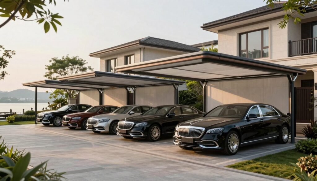 A modern and elegant car shade installation in a sophisticated residential area, showcasing expertly crafted shades providing protection for luxury vehicles. In the foreground, there are stylish shade structures with sleek lines and high-quality materials, designed for durability and aesthetic appeal. The middle ground features a few luxury cars parked underneath these canopies, highlighting the contrast between the vehicles and the shades. The background includes attractive villas with contemporary architecture, framed by lush greenery, and a distant view of a serene waterfront. Soft, natural lighting illuminates the scene, creating a warm and inviting atmosphere, with a focus on the quality of execution and modern design. The overall mood is one of sophistication and tranquility, emphasizing the luxurious lifestyle associated with such installations.