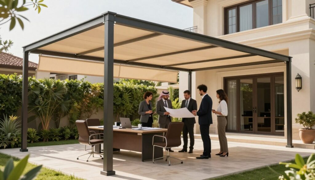 A modern and inviting office environment showcasing professional custom shade structures installed at a Saudi villa. In the foreground, there are elegantly designed shade panels that filter sunlight, adding a touch of sophistication. The middle ground features a team of professionals in smart business attire discussing plans and designs, representing cooperation and communication. The background shows the beautiful villa architecture, with vibrant greenery enhancing the scene. Soft, natural lighting filters through the shades, creating a warm and welcoming atmosphere. The image evokes a sense of professionalism and collaboration, perfect for the theme of communication and partnerships in home improvement. The overall composition should be harmonious, with a focus on the shade structures' elegance and functionality.