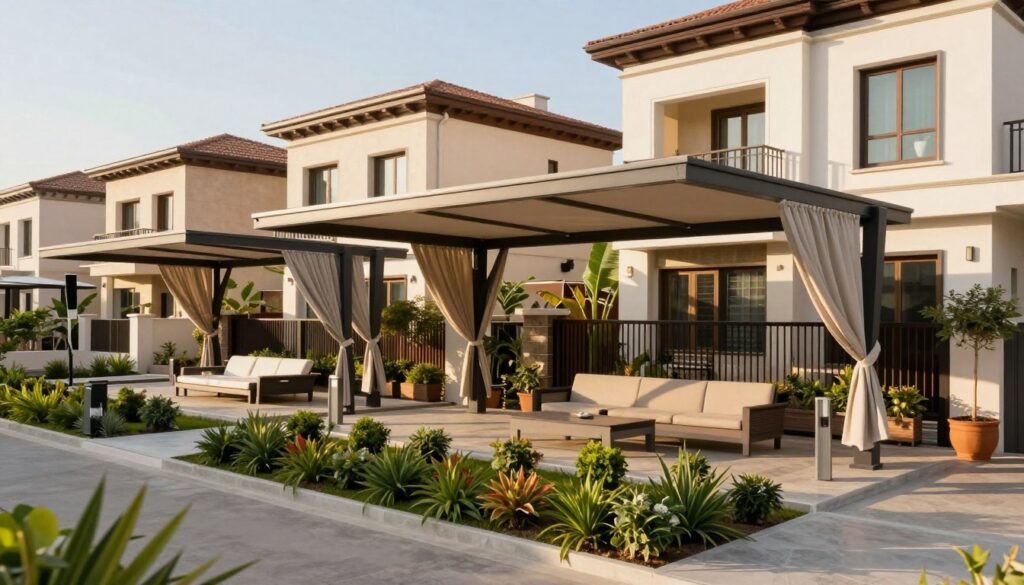A modern and stylish design for outdoor shade structures in a vibrant residential neighborhood. In the foreground, showcase sleek, contemporary shade canopies made from high-quality materials, artfully draped to provide both aesthetic appeal and functionality. The middle ground features a beautifully landscaped garden with greenery surrounding the shade structures, adding a touch of nature. In the background, contemporary Saudi villas stand elegantly, illustrating the harmonious integration of architecture and design. The scene is bathed in warm, natural sunlight that casts soft shadows, creating a welcoming atmosphere. Capture this scene from a slightly elevated angle, emphasizing the interplay of light and architectural forms, showcasing professionalism and quality in the installation of custom shade solutions.