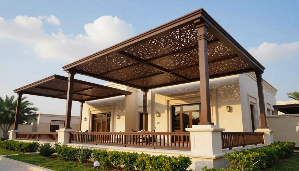 A modern and stylish view of custom shade structures installed around a beautiful Saudi villa. In the foreground, showcase intricately designed shade panels that provide protection from the sun, enhancing the aesthetic appeal of the property. The middle ground features the villa itself, adorned with traditional Saudi architectural elements, surrounded by lush greenery and manicured landscaping. In the background, a clear blue sky with soft, fluffy clouds complements the scene, adding to the inviting atmosphere. Use warm, natural lighting to highlight the textures of the materials and the vibrancy of the colors. Capture the image from a slightly elevated angle, emphasizing the harmony between the shade structures and the villa. The mood is serene and sophisticated, showcasing the benefits and quality of modern shade solutions.