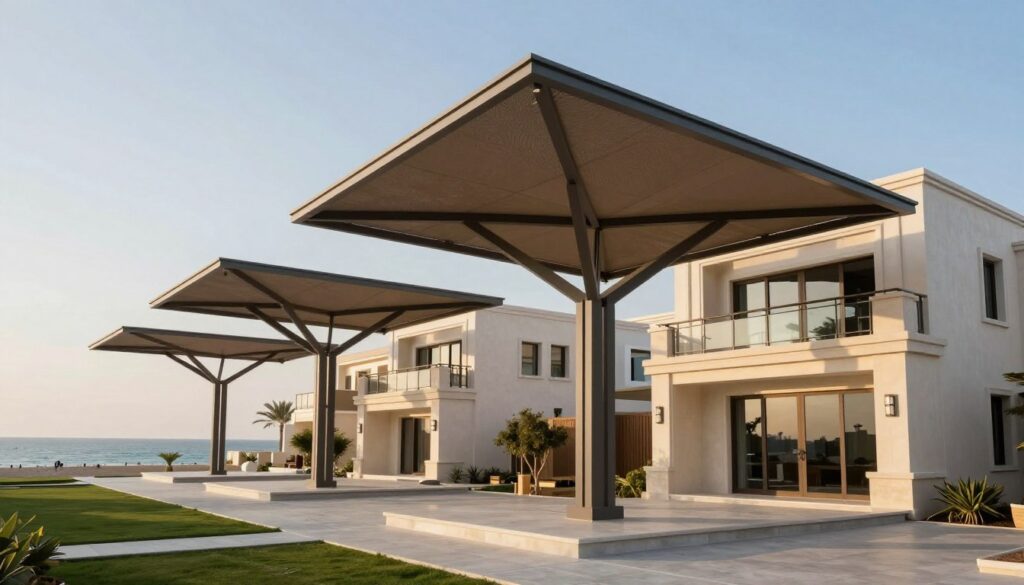 A modern architectural scene showcasing advanced manufacturing techniques in the context of custom shade structures for villas in Saudi Arabia. In the foreground, highlight a sleek, innovative shade structure with geometric, pyramidal shapes designed for outdoor spaces. The middle ground should feature elegant villas adorned with these canopies, emphasizing craftsmanship and quality. In the background, capture a serene coastal view of Al-Dammam's corniche, with soft sunlight illuminating the structures. The atmosphere is calm and professional, with a focus on harmony between design and nature. Use natural lighting to enhance the elegance of the materials and structures, and employ a slight upward angle to convey grandeur. Ensure the scene is devoid of any text or branding, creating a clean presentation of architectural beauty. A modern architectural scene showcasing advanced manufacturing techniques in the context of custom shade structures for villas in Saudi Arabia. In the foreground, highlight a sleek, innovative shade structure with geometric, pyramidal shapes designed for outdoor spaces. The middle ground should feature elegant villas adorned with these canopies, emphasizing craftsmanship and quality. In the background, capture a serene coastal view of Al-Dammam's corniche, with soft sunlight illuminating the structures. The atmosphere is calm and professional, with a focus on harmony between design and nature. Use natural lighting to enhance the elegance of the materials and structures, and employ a slight upward angle to convey grandeur. Ensure the scene is devoid of any text or branding, creating a clean presentation of architectural beauty.