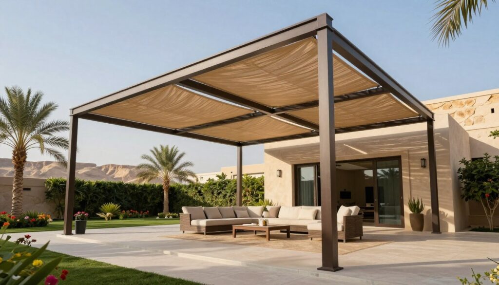 A modern architectural scene showcasing the future of Louvre-style shade structures in a serene Saudi villa setting. In the foreground, vividly detailed custom shade panels elegantly filter sunlight, offering both ventilation and privacy. Mid-ground features a lush garden with palm trees and blooming flowers, enhancing the villa’s aesthetic. The background displays a clear blue sky and distant desert cliffs, creating a peaceful atmosphere. Employ soft, natural lighting to highlight the textures of the shade structures. Use a low angle to emphasize the grandeur and functionality of the installations, capturing the innovation and beauty of contemporary outdoor living. The mood is calm, inviting, and sophisticated, reflecting the perfect balance of style and practicality.