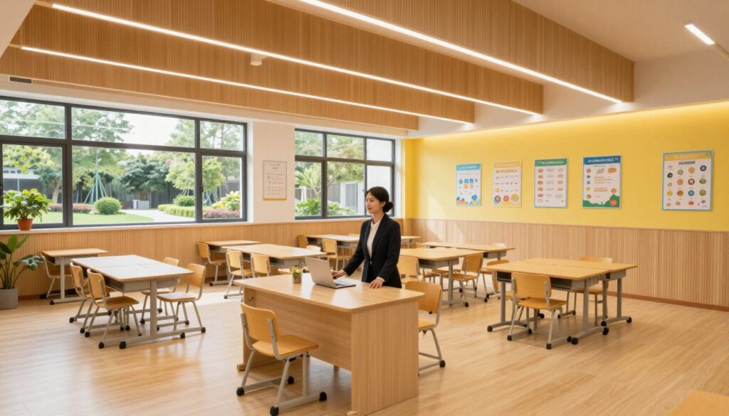 A modern classroom design featuring sandwich panel construction, showcasing a bright and airy space. In the foreground, a stylish teacher's desk is positioned centrally, accompanied by well-organized student desks arranged in groups. The middle section displays large windows allowing natural light to stream in, illuminating the colorful walls adorned with educational posters. The background includes a view of a lush outdoor garden visible through the windows, enhancing the learning atmosphere. The lighting is warm and inviting, creating an engaging environment. Shot from a slightly elevated angle to capture the entire room layout, emphasizing the functionality and aesthetic appeal of sandwich panel classrooms. The overall mood is vibrant and conducive to learning, reflecting modern educational standards. A modern classroom design featuring sandwich panel construction, showcasing a bright and airy space. In the foreground, a stylish teacher's desk is positioned centrally, accompanied by well-organized student desks arranged in groups. The middle section displays large windows allowing natural light to stream in, illuminating the colorful walls adorned with educational posters. The background includes a view of a lush outdoor garden visible through the windows, enhancing the learning atmosphere. The lighting is warm and inviting, creating an engaging environment. Shot from a slightly elevated angle to capture the entire room layout, emphasizing the functionality and aesthetic appeal of sandwich panel classrooms. The overall mood is vibrant and conducive to learning, reflecting modern educational standards.