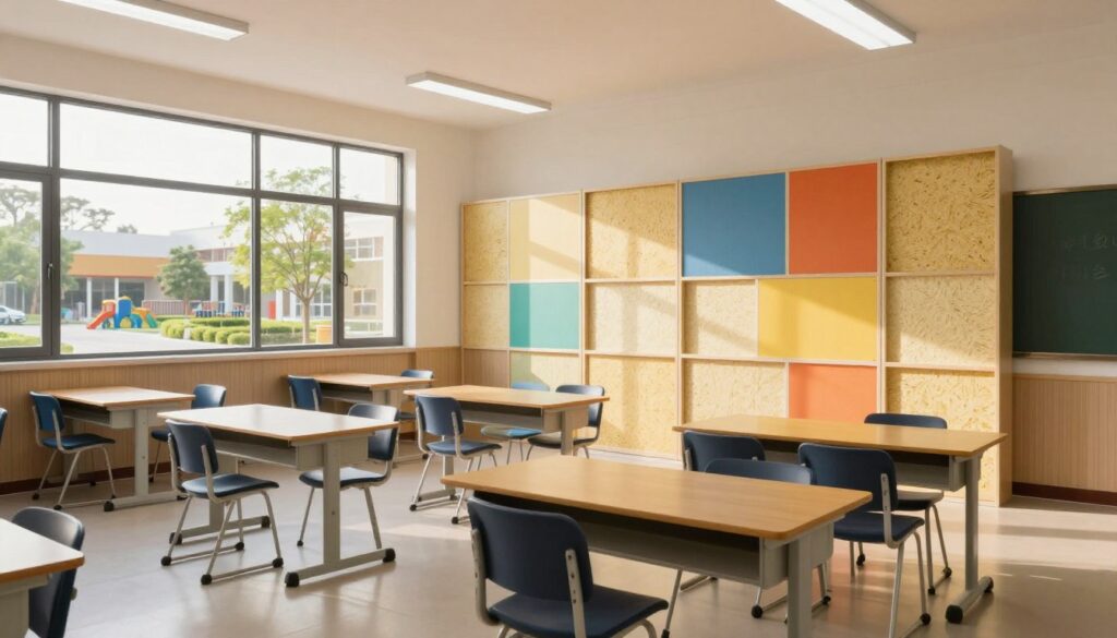 A modern classroom made of certified sandwich panels in an educational setting, designed for schools in the Eastern Region. In the foreground, a sleek and spacious classroom layout featuring modular desks and ergonomic seating arranged in a collaborative style, with large windows allowing natural light to flood the space. In the middle ground, the sandwich panel construction is highlighted, showcasing its insulation and aesthetic qualities, with vibrant colors and textures that inspire learning. The background includes a sunny outdoor view of the school environment with landscaped gardens and play areas. Soft, warm lighting enhances the inviting atmosphere, creating a professional and conducive learning environment. The scene evokes a sense of commitment to high educational standards and modern design. A modern classroom made of certified sandwich panels in an educational setting, designed for schools in the Eastern Region. In the foreground, a sleek and spacious classroom layout featuring modular desks and ergonomic seating arranged in a collaborative style, with large windows allowing natural light to flood the space. In the middle ground, the sandwich panel construction is highlighted, showcasing its insulation and aesthetic qualities, with vibrant colors and textures that inspire learning. The background includes a sunny outdoor view of the school environment with landscaped gardens and play areas. Soft, warm lighting enhances the inviting atmosphere, creating a professional and conducive learning environment. The scene evokes a sense of commitment to high educational standards and modern design.