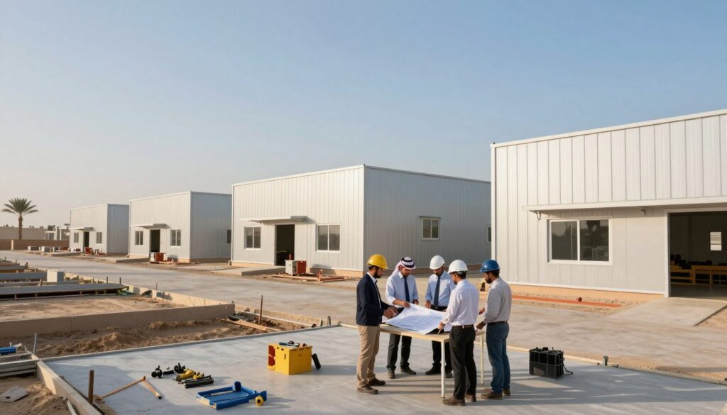 A modern construction site featuring a series of sandwich panel warehouses and site offices in Dammam, Saudi Arabia. In the foreground, showcase a well-organized workspace with professional workers in business attire discussing plans, surrounded by tools and equipment. The middle ground includes the distinctive sandwich panel structures, highlighting their sleek design and smooth finishes, with shadows casting gently under the bright desert sun. In the background, depict a clear blue sky, adding an airy feel, with distant palm trees swaying slightly. Soft, warm lighting enhances the professionalism and efficiency of the setting, captured with a slightly elevated angle, suggesting a bustling and productive atmosphere. The overall mood is focused and proactive, perfect for illustrating the concept of post-installation services and maintenance. A modern construction site featuring a series of sandwich panel warehouses and site offices in Dammam, Saudi Arabia. In the foreground, showcase a well-organized workspace with professional workers in business attire discussing plans, surrounded by tools and equipment. The middle ground includes the distinctive sandwich panel structures, highlighting their sleek design and smooth finishes, with shadows casting gently under the bright desert sun. In the background, depict a clear blue sky, adding an airy feel, with distant palm trees swaying slightly. Soft, warm lighting enhances the professionalism and efficiency of the setting, captured with a slightly elevated angle, suggesting a bustling and productive atmosphere. The overall mood is focused and proactive, perfect for illustrating the concept of post-installation services and maintenance.