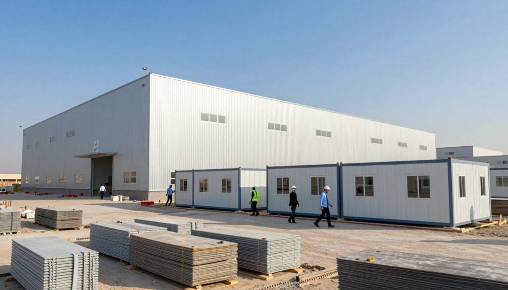A modern construction site featuring large sandwich panel warehouses and portable offices in Dammam. In the foreground, there are well-organized stacks of construction materials, showcasing the efficiency of the workspace. The middle ground displays spacious, functional warehouses, highlighted by natural sunlight reflecting off their sleek panels. Workers in professional business attire are actively moving around, emphasizing the collaborative nature of construction. In the background, a clear blue sky contrasts with the warehouses, creating a bright, optimistic mood. The scene is captured from a low angle, enhancing the impressive scale of the structures and portraying a sense of progress and innovation in the construction industry. The overall atmosphere is dynamic, dedicated, and focused on the development of temporary solutions for ongoing projects. A modern construction site featuring large sandwich panel warehouses and portable offices in Dammam. In the foreground, there are well-organized stacks of construction materials, showcasing the efficiency of the workspace. The middle ground displays spacious, functional warehouses, highlighted by natural sunlight reflecting off their sleek panels. Workers in professional business attire are actively moving around, emphasizing the collaborative nature of construction. In the background, a clear blue sky contrasts with the warehouses, creating a bright, optimistic mood. The scene is captured from a low angle, enhancing the impressive scale of the structures and portraying a sense of progress and innovation in the construction industry. The overall atmosphere is dynamic, dedicated, and focused on the development of temporary solutions for ongoing projects.