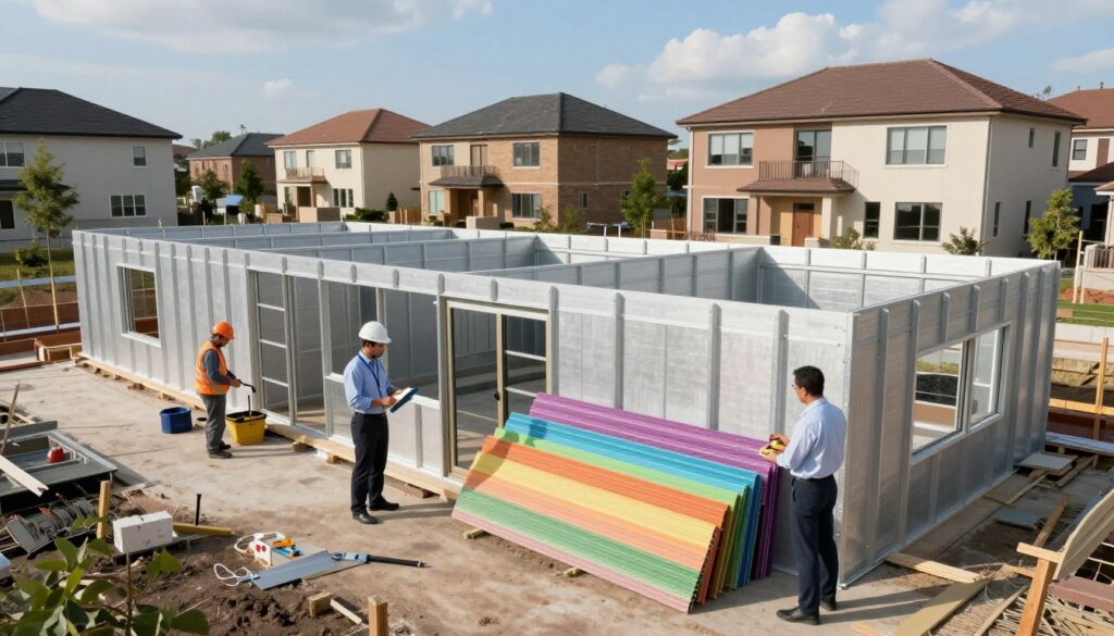 A modern construction site showcasing the installation of sandwich panel structures in a residential neighborhood, emphasizing the cost-effectiveness and efficiency of this building method. In the foreground, professionals in business attire inspect the colorful sandwich panels and take measurements, conveying a sense of professionalism and expertise. The middle ground features partially constructed additions with clear structures and tools, illustrating the ongoing work while highlighting the use of these innovative materials. The background displays a serene neighborhood setting with well-maintained villas and houses under a bright blue sky, enhancing the atmosphere of advancements in residential construction. Soft, natural lighting creates an inviting mood, emphasizing the modern design elements and the functionality of the sandwich panel system.