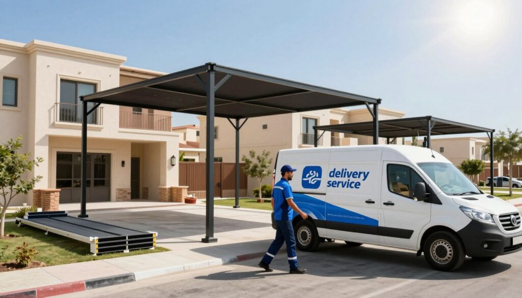 A modern, dynamic scene depicting the concept of "fast delivery service" for shade structures in a suburban Saudi neighborhood. In the foreground, a professional delivery driver in a neat uniform is shown unloading custom shade structures from a branded delivery van, emphasizing efficiency and professionalism. In the middle ground, beautifully designed shade structures can be seen being installed in elegant Saudi villas and houses, showcasing their architectural integration. The background features a clear blue sky with bright sunlight illuminating the scene, casting soft shadows. The atmosphere is lively and energetic, highlighting the speed and reliability of the service. Use a wide-angle lens to capture the essence of community and the essence of modern delivery. No text or logos should be present.
