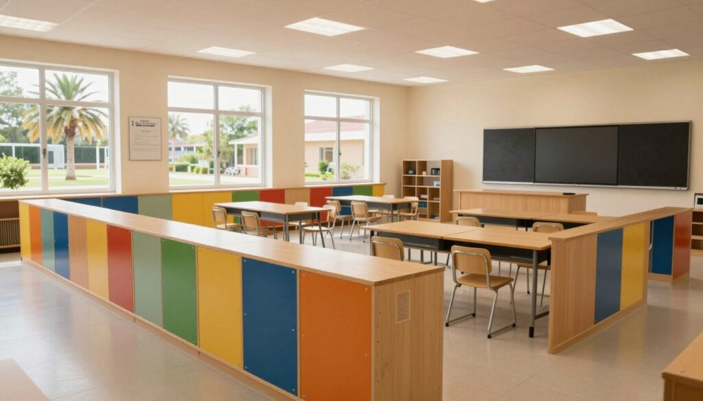 A modern educational space featuring sandwich panel classrooms designed for schools in the Eastern Province. The foreground shows well-constructed sandwich panel walls with vibrant colors and efficient design, emphasizing insulation and durability. In the middle ground, there is a spacious classroom with large windows allowing natural light to flood in, showcasing flexible seating arrangements and state-of-the-art educational tools like smart boards. The background includes a serene outdoor area with palm trees and greenery, enhancing the learning environment. The atmosphere is bright and inviting, conveying a sense of innovation and progress in education. Capture this scene with soft, diffused lighting to create a warm, welcoming ambiance, and use a wide-angle lens to encapsulate the spaciousness and functionality of the classrooms. A modern educational space featuring sandwich panel classrooms designed for schools in the Eastern Province. The foreground shows well-constructed sandwich panel walls with vibrant colors and efficient design, emphasizing insulation and durability. In the middle ground, there is a spacious classroom with large windows allowing natural light to flood in, showcasing flexible seating arrangements and state-of-the-art educational tools like smart boards. The background includes a serene outdoor area with palm trees and greenery, enhancing the learning environment. The atmosphere is bright and inviting, conveying a sense of innovation and progress in education. Capture this scene with soft, diffused lighting to create a warm, welcoming ambiance, and use a wide-angle lens to encapsulate the spaciousness and functionality of the classrooms.