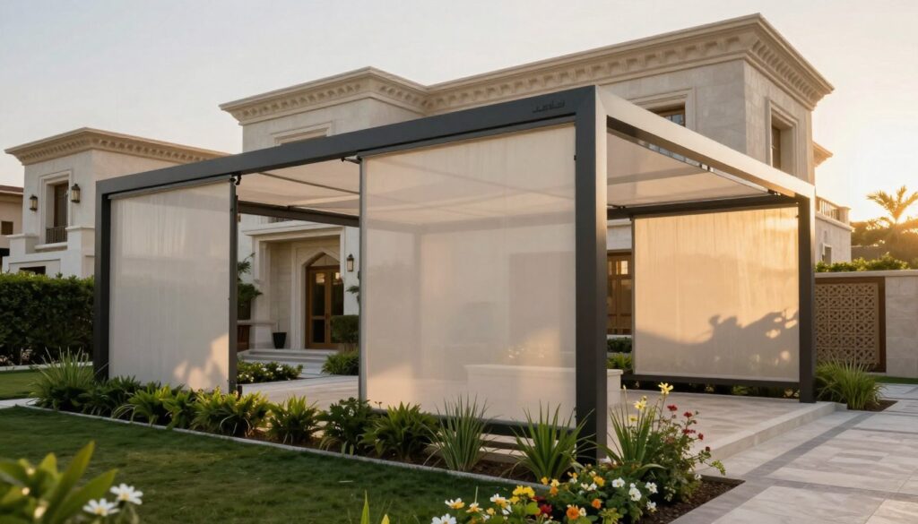 A modern, elegant scene showcasing "سواتر لكسان" installed outside a luxurious Saudi villa. In the foreground, the custom shade structures feature a unique design with high-opacity materials that allow soft sunlight to filter through, enhancing privacy while maintaining light permeability. The middle ground includes a landscaped garden with lush greenery and beautiful flowers, creating a serene atmosphere. In the background, the villa's architectural features are highlighted in warm sunlight, showcasing a blend of traditional and contemporary styles. The sky is clear with soft, golden hues, evoking a calm and inviting mood. The image should be captured from a slightly elevated angle to provide an expansive view, emphasizing the shade structures' aesthetic and functional qualities.