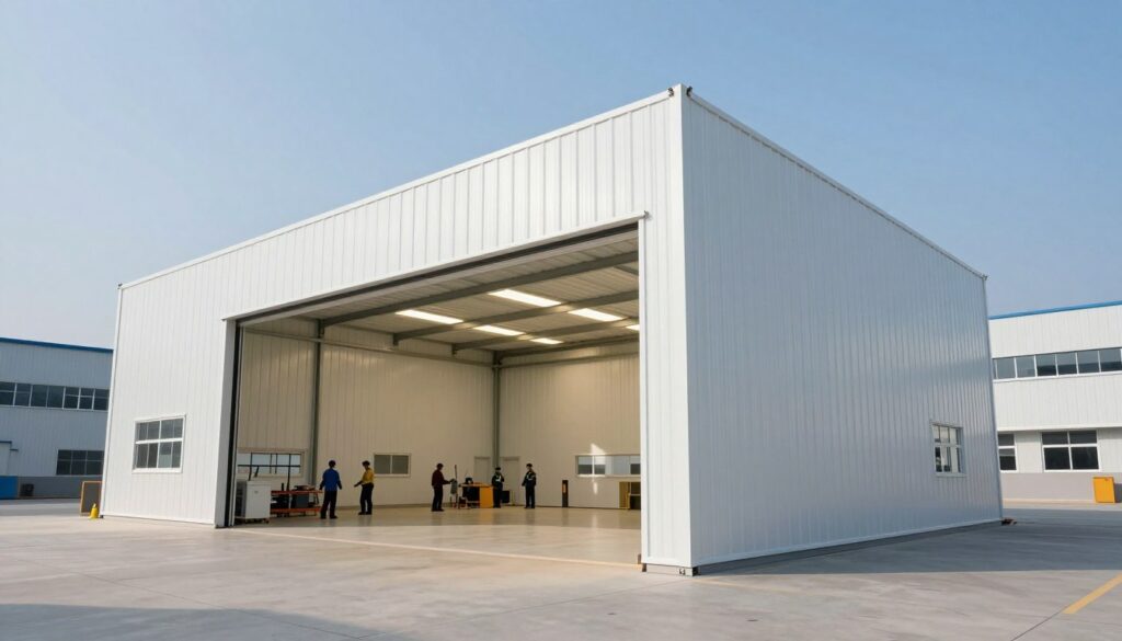 A modern industrial facility featuring sandwich panel structures, highlighting their benefits for equipment protection and creating an ideal work environment. In the foreground, display a sleek, well-lit sandwich panel hangar, showcasing its insulated walls and contemporary design. In the middle ground, include workers in professional attire engaging in maintenance tasks, emphasizing a collaborative work atmosphere. The background should feature a clear blue sky and other industrial buildings, conveying a sense of productivity and order. Use bright yet soft lighting to create an inviting mood, while capturing the structural integrity and aesthetic appeal of the hangars from a slightly low angle, accentuating their height and modernity. No text or overlays.