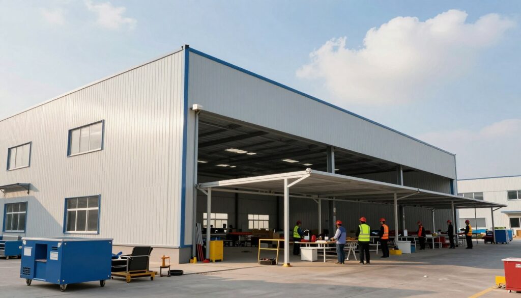 A modern industrial scene showcasing a spacious panel warehouse constructed from sandwich panels, emphasizing the sleek design and functionality. In the foreground, well-organized equipment and tools highlight professional installations. In the middle, skilled workers in professional attire are engaged in the assembly and setup of shade structures, demonstrating teamwork and efficiency. The background features a bright blue sky with occasional clouds, enhancing the overall atmosphere of productivity and innovation. Soft natural lighting illuminates the scene, adding warmth to the environment. Capture this moment from a slight low angle to emphasize the height and scale of the warehouse, creating a sense of depth and focus on the integrated services offered.