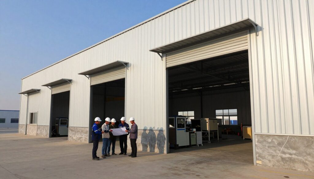 A modern industrial scene showcasing sandwich panel warehouses in the Dammam industrial zone. In the foreground, depict robust, well-structured sandwich panel buildings with large metal doors partially open, revealing organized equipment and machinery. In the middle ground, include a group of workers in professional attire examining blueprints and discussing logistics, illustrating collaboration. The background should feature a clear blue sky and a hint of distant industrial structures, emphasizing the environment. Use natural lighting to highlight the metallic sheen of the sandwich panels, enhancing the mood of efficiency and innovation. Capture this scene from a slightly elevated angle to provide depth and perspective. No text or branding elements.