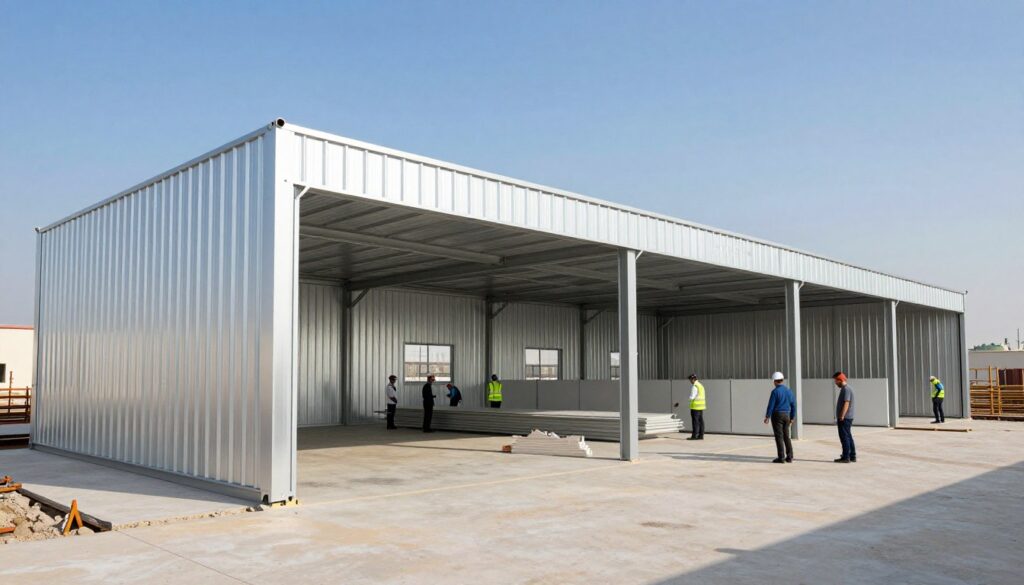 A modern industrial setting featuring a series of large, metallic "هناجر معدنية" structures, expertly designed for temporary office and storage spaces. In the foreground, showcase the sleek lines and corrugated texture of the metal buildings, reflecting sunlight. The middle ground should include an active construction site with professionals in business attire, collaborating and inspecting materials, surrounded by large panels and scaffolding. The background features a clear blue sky, with a hint of cityscape in Dammam, creating a sense of location. The lighting is bright and natural, emphasizing the clean, reflective surfaces of the structures. The mood conveys efficiency and professionalism in the construction industry, highlighting the innovative use of metallic hangars. A modern industrial setting featuring a series of large, metallic "هناجر معدنية" structures, expertly designed for temporary office and storage spaces. In the foreground, showcase the sleek lines and corrugated texture of the metal buildings, reflecting sunlight. The middle ground should include an active construction site with professionals in business attire, collaborating and inspecting materials, surrounded by large panels and scaffolding. The background features a clear blue sky, with a hint of cityscape in Dammam, creating a sense of location. The lighting is bright and natural, emphasizing the clean, reflective surfaces of the structures. The mood conveys efficiency and professionalism in the construction industry, highlighting the innovative use of metallic hangars.