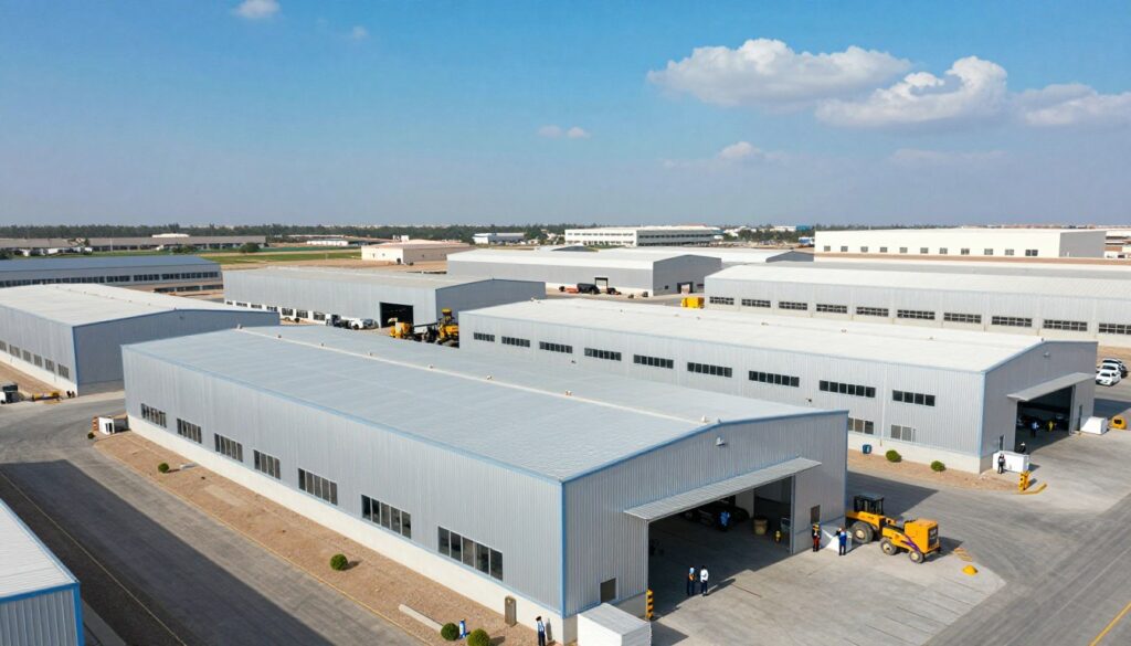 A modern industrial site in Dammam showcasing an array of sandwich panel warehouses. In the foreground, several large, sleek warehouses with smooth, metallic finishes and wide openings for easy access. Workers in professional attire are seen inspecting materials and overseeing operations, emphasizing a productive environment. The middle ground features heavy machinery and construction equipment, adding to the industrial feel. The background highlights a clear blue sky, with a few fluffy clouds, and other industrial buildings in the distance, illustrating a bustling industrial area. The image is brightly lit with natural sunlight casting soft shadows, creating an atmosphere of efficiency and professionalism, effectively capturing the essence of sandwich panel projects in an industrial setting.