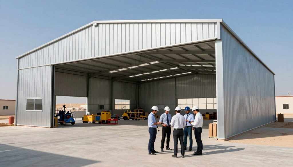 A modern metal hangar in an industrial setting in Al Ahsa, highlighting its sleek architectural design. In the foreground, a team of professionals in business attire is focused on the construction process, using tools and equipment. The hangar features large sliding doors, tall ceilings, and a bright, open interior space, showcasing a well-organized layout. The mid-ground includes construction materials and machinery, while the background reveals a clear blue sky and desert landscape, indicative of the region. The scene is well-lit, with sunlight casting dynamic shadows. The mood is productive and energetic, conveying a sense of innovation and professionalism in building hangars for specific needs.