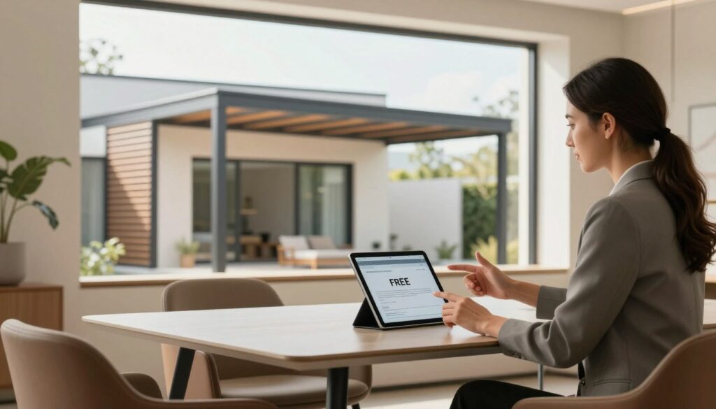 A modern office setting featuring a professional interior design, showcasing a stylish consultation area with a sleek, minimalist table and comfortable chairs. In the foreground, a woman in business attire gestures towards a digital tablet, symbolizing a free consultation about shade structures. In the middle, an elegant backdrop of a window with soft, natural light pouring in, highlighting a view of a contemporary villa adorned with stylish louvered shade structures. The atmosphere is warm and inviting, promoting a feeling of professionalism and approachability. The image is captured at an eye-level angle, with a focus on clarity and detail, ensuring a vibrant yet serene color palette that embodies the essence of modernity and sophistication in home design.