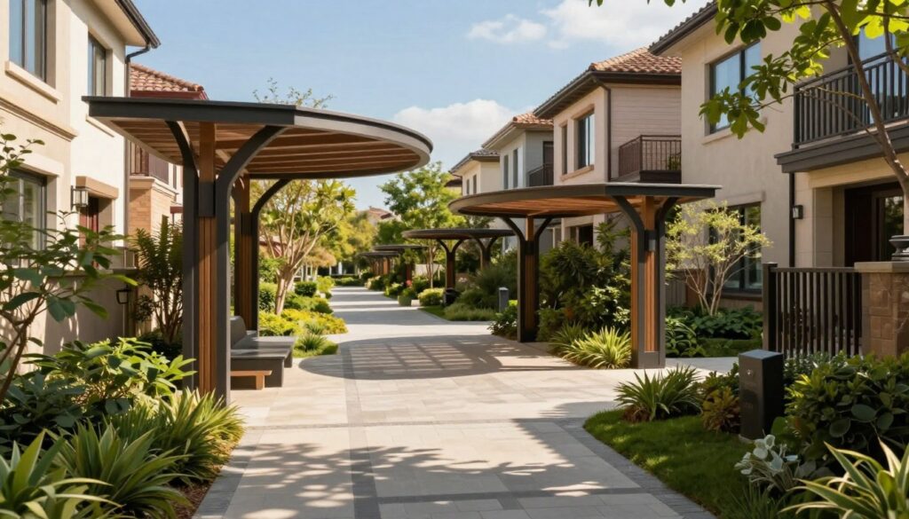 A modern outdoor corridor designed with elegant shade structures, showcasing contemporary shades in various styles over walkways linking residential units in a suburban neighborhood. The foreground features sleek, curved shade canopies made of durable materials, casting dappled sunlight on the paved walkway below. In the middle ground, vibrant greenery and well-maintained gardens flank the pathway, enhancing the inviting atmosphere. The background includes tasteful residential buildings with architectural harmony, ensuring a tranquil environment. The scene is bathed in warm, natural lighting, suggesting a sunny day with clear blue skies, conveying a sense of safety and comfort for residents. The overall mood is serene and welcoming, ideal for community living.