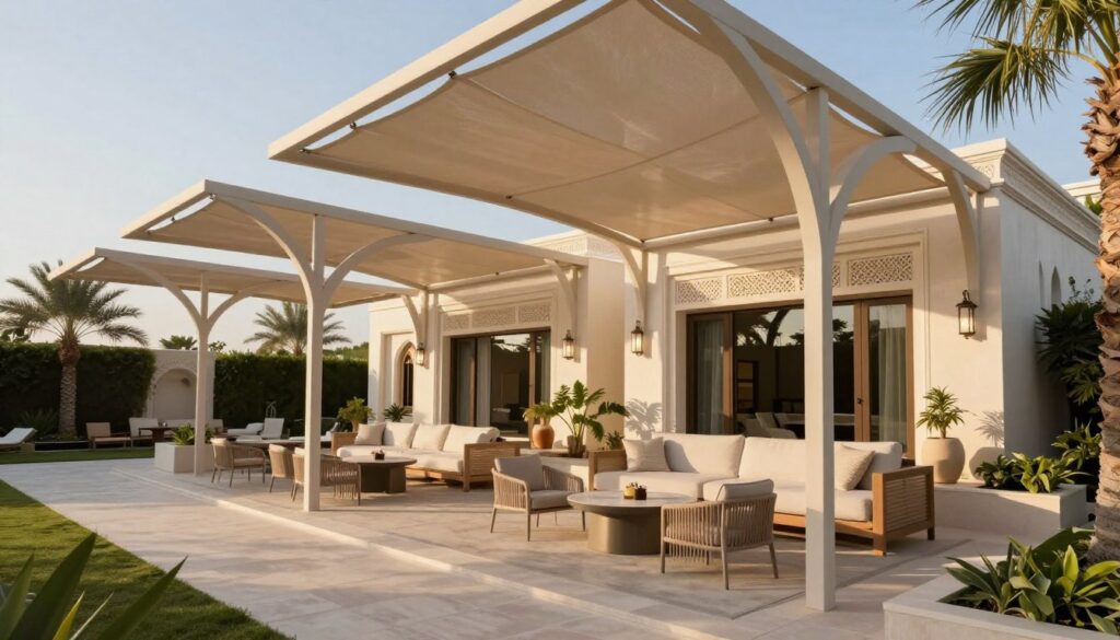 A modern outdoor scene showcasing beautifully designed shade structures installed in a luxurious Saudi villa. The foreground features a variety of contemporary shade designs in soft, muted colors, elegantly arching overhead to provide shelter while allowing natural light to filter through. In the middle, there are neatly arranged outdoor furniture pieces, including stylish tables and chairs, creating a comfortable social area. The background showcases the villa’s architectural elegance with intricate details, palm trees, and a bright blue sky accentuating the serene environment. The lighting is warm and inviting, mimicking late afternoon sun, casting gentle shadows. The mood conveys sophistication and a peaceful outdoor lifestyle, perfect for relaxing and entertaining.