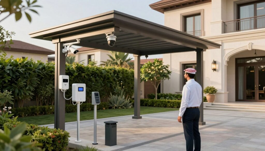 A modern outdoor scene showcasing the integration of various security systems around a stylish Saudi villa. In the foreground, a professional technician in smart business attire inspects a sleek, metallic shade structure with integrated security features. The middle ground features multiple security systems, including surveillance cameras, motion sensors, and access control panels, seamlessly coordinating with the shade structure. In the background, lush greenery and the architectural elegance of the villa emphasize a serene, secure environment. The scene is illuminated by warm, natural sunlight, creating a welcoming atmosphere while establishing a sense of safety. Capture from a slightly elevated angle to emphasize the interconnectedness of the systems within the property.