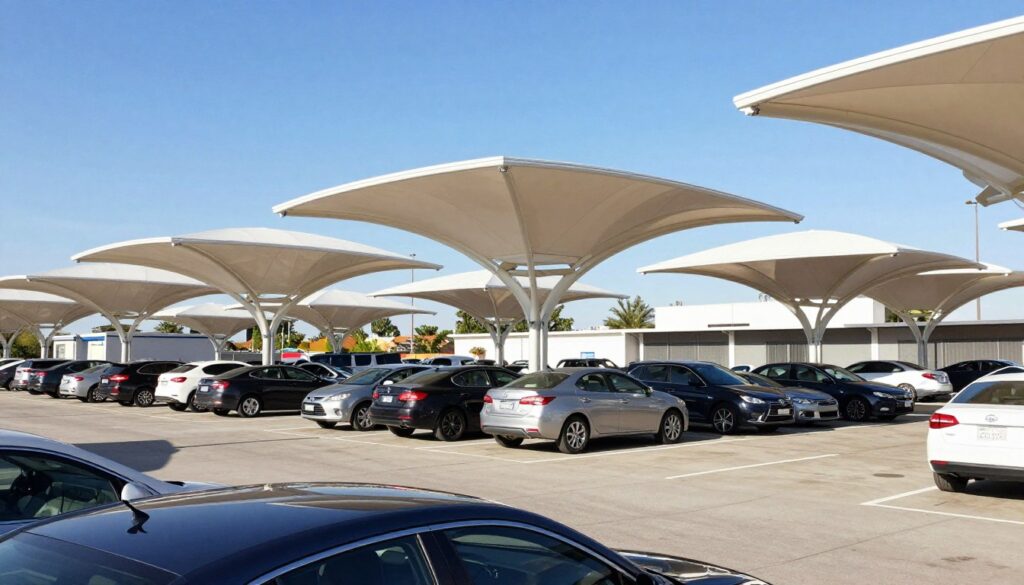 A modern parking lot with custom-designed shade structures specifically tailored for hot climates, showcasing multiple car parking spaces beneath large, arching umbrellas that provide effective sun protection. The foreground features several well-maintained cars parked in neat rows, while the middle ground displays robust, aesthetically pleasing shade structures made of high-quality materials. The background captures a sunny day with a clear blue sky, emphasizing the structures' functional design against the bright sunlight. Soft shadows cast by the umbrellas create a pleasant atmosphere. The perspective is slightly elevated, providing a comprehensive view of the parking area and the artfully arranged shade structures. The scene conveys efficiency and modernity, ideal for urban settings, particularly in the Eastern region.