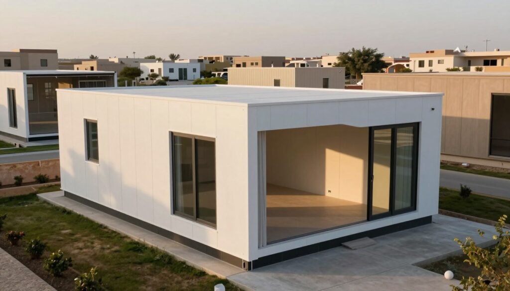 A modern, prefabricated sandwich panel room, showcasing its structural advantages and high-quality insulation. In the foreground, highlight the sleek exterior with smooth, clean lines and energy-efficient window designs. The middle ground features an open, airy interior filled with natural light, emphasizing the functionality and space efficiency of the design. The background includes a serene neighborhood in Al Rayan, showcasing other custom shade structures enhancing the villas. Use warm, inviting lighting to convey a sense of comfort and quality. Capture the scene from a slightly elevated angle to provide depth, with a focus on the harmonious blend of architecture and environment. Overall, create a professional and polished atmosphere, ideal for a construction and design article.