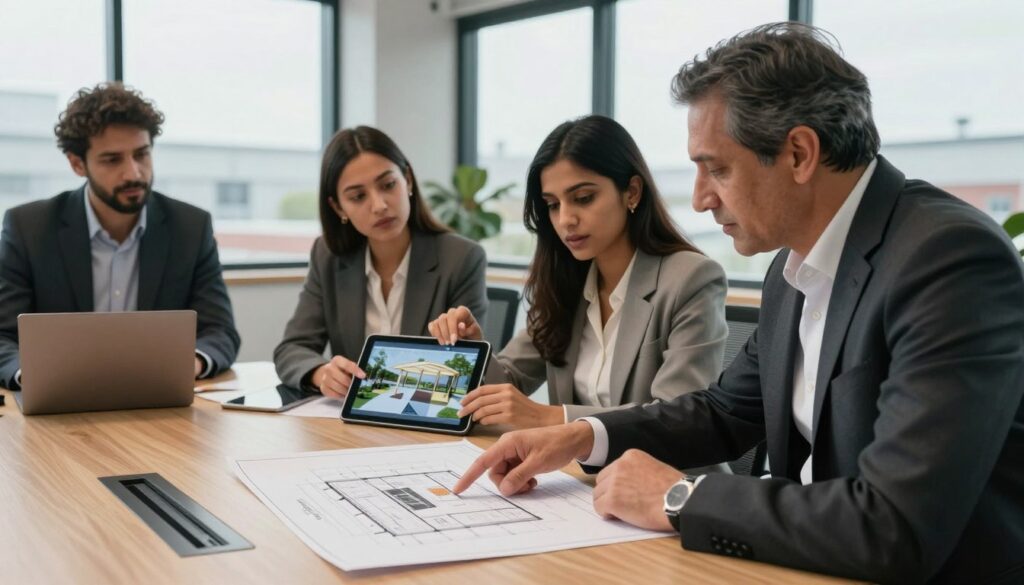 A modern, professional office scene featuring a diverse team of four individuals in business attire, discussing plans at a large conference table. In the foreground, a well-dressed middle-aged man points at architectural blueprints spread across the table, conveying a sense of collaboration and expertise. In the middle, two women—one of Middle Eastern descent and the other of South Asian descent—review designs on a digital tablet, showcasing innovative concepts for outdoor canopies. The background displays large windows with a view of industrial buildings, hinting at the business-focused environment. Soft, natural light filters through, creating a warm and welcoming atmosphere. The setting emphasizes professionalism, consultation, and teamwork, aligning with the theme of seeking advice and services.