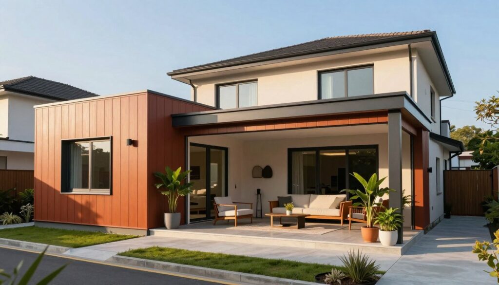 A modern residential area featuring a beautifully designed sandwich panel extension on a villa, showcasing seamless integration with the existing architecture. In the foreground, highlight the vibrant color of the sandwich panel walls, adorned with stylish windows that allow for natural light. The middle ground showcases the newly expanded living area, accented with greenery and elegant outdoor furniture, inviting relaxation. In the background, a clear blue sky enhances the bright and airy ambiance. The scene is bathed in soft, warm sunlight, creating a welcoming atmosphere. Use a wide-angle perspective to capture the full extent of the extension, emphasizing its spaciousness and aesthetic appeal in a contemporary setting. The overall mood should convey comfort and modern elegance, illustrating the importance of sandwich panel structures in enhancing home functionality.