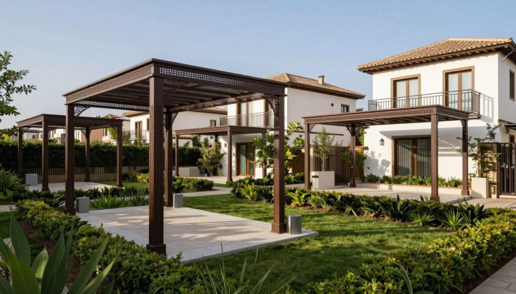 A modern residential area in Granada featuring expertly installed iron shade structures, showcasing various styles and designs. In the foreground, focus on a beautifully designed shade structure with intricate patterns and textures, set against a well-manicured garden. The middle area reveals multiple shade structures in different styles, highlighting their adaptability and elegance. The background includes stylish villas with contemporary architecture and lush greenery, under a clear blue sky. The scene is illuminated by soft, natural daylight, casting gentle shadows that enhance the textures of the structures. Captured from a slightly elevated angle to provide a clear view of both the shades and the surrounding environment, evoking a refined and sophisticated atmosphere.