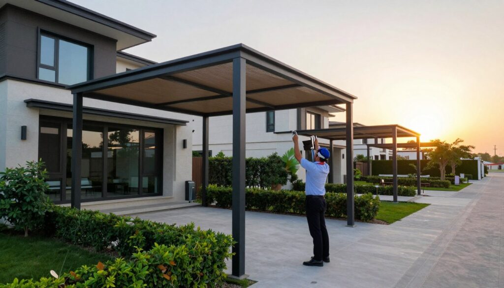 A modern residential area in the Eastern Province of Saudi Arabia, featuring a stylish installation of custom shade structures. In the foreground, a professional installer, dressed in smart business attire, meticulously secures the elegant shade awning to a contemporary villa. The middle ground showcases multiple houses with modern architectural designs, surrounded by lush greenery, reflecting a warm, inviting atmosphere. In the background, the sun sets, casting golden light, enhancing the serene mood of the scene. The composition captures the beauty of functional design in outdoor living spaces, with an emphasis on quality and professionalism in the installation process. The angle is slightly elevated, providing a comprehensive view of the shade structures and the elegant homes beneath them.