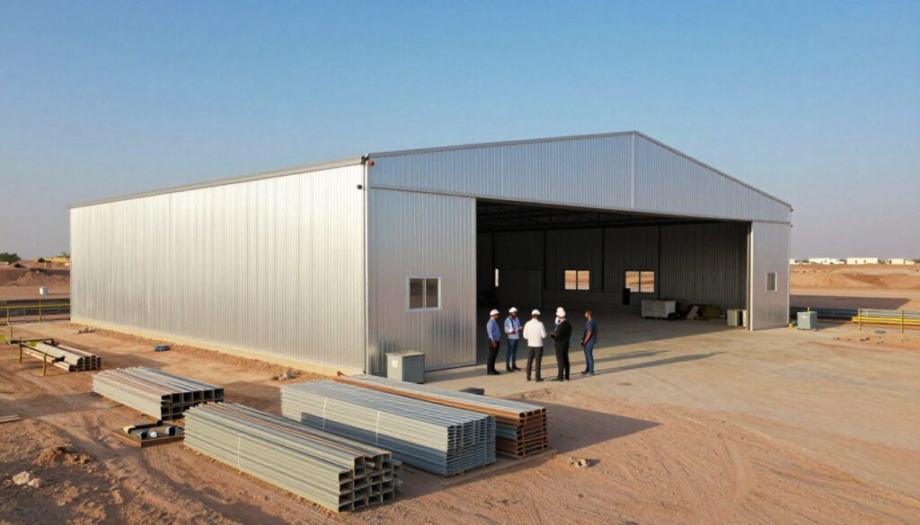 A modern sandwich panel hangar in the Eastern region of Saudi Arabia, showcasing a construction site with a temporary office and storage facilities. In the foreground, there are neatly arranged construction materials and tools, indicating an active work environment. The middle features the hangar, designed with sleek, metallic sandwich panels, reflecting the bright sunlight. Workers in professional business attire are discussing plans, emphasizing teamwork and efficiency. In the background, a clear blue sky contrasts with the rugged landscape, highlighting the region's arid climate. Use warm, natural lighting to create a lively atmosphere, and capture the image from a slightly elevated angle to showcase the scale and functionality of the structure. A modern sandwich panel hangar in the Eastern region of Saudi Arabia, showcasing a construction site with a temporary office and storage facilities. In the foreground, there are neatly arranged construction materials and tools, indicating an active work environment. The middle features the hangar, designed with sleek, metallic sandwich panels, reflecting the bright sunlight. Workers in professional business attire are discussing plans, emphasizing teamwork and efficiency. In the background, a clear blue sky contrasts with the rugged landscape, highlighting the region's arid climate. Use warm, natural lighting to create a lively atmosphere, and capture the image from a slightly elevated angle to showcase the scale and functionality of the structure.