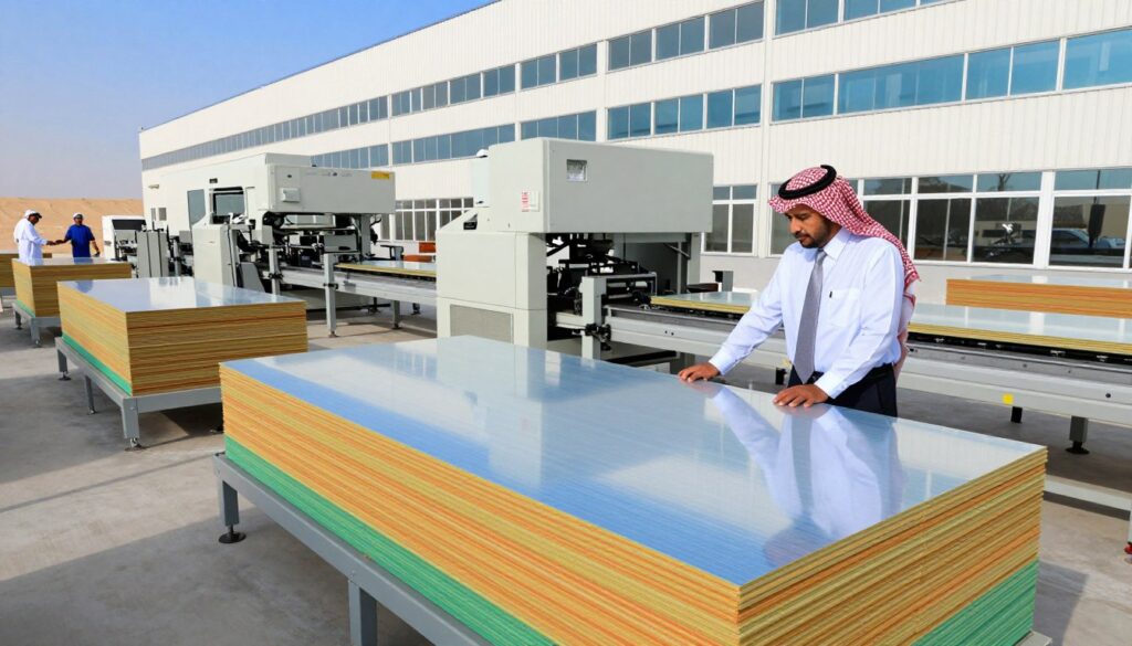 A modern sandwich panel manufacturing facility in Saudi Arabia, showcasing the advanced production line with machinery and workers in professional business attire. In the foreground, a worker inspects sandwich panels, surrounded by vibrant stacks of finished products, reflecting the quality and precision of construction materials. The middle ground features large machinery and conveyor belts, emphasizing the industrial scale of operation. In the background, the facility's exterior, with clear blue skies and a glimpse of the surrounding desert landscape, highlighting the Saudi influence. The scene is well-lit with natural sunlight pouring in from large windows, creating a productive and innovative atmosphere. The overall mood is one of progress and modernity, capturing the essence of the evolving sandwich panel industry in Saudi Arabia.