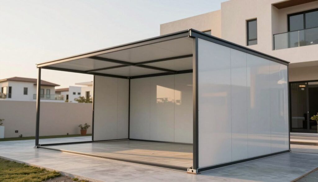 A modern sandwich panel room designed for efficiency and aesthetics, showcasing sleek, insulated walls that reflect advanced manufacturing. In the foreground, the room features well-organized, professional installations of custom shade structures, emphasizing practicality for Saudi villas and houses. The middle ground captures the details of the sandwich panel construction, highlighting its smooth surfaces and quality insulation. The background includes a soft-focus view of a contemporary residential area in Al Rayan or Al Nakhil, under warm afternoon sunlight that casts gentle shadows, creating an inviting atmosphere. The composition should be shot with a slight upward angle, enhancing the feeling of spaciousness and modernity. The mood is professional, showcasing the importance of sandwich panels in modern architecture.