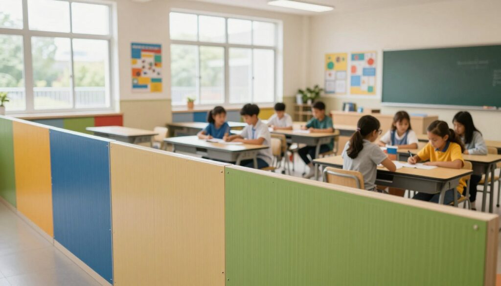 A modern school classroom constructed from sandwich panels, featuring vibrant colors and large windows that allow natural light to flood in. In the foreground, showcase the sleek design of the sandwich panel walls, emphasizing their insulation properties and aesthetic appeal. The middle ground reveals neatly arranged desks and chairs, with students wearing modest casual clothing, engaged in collaborative work. The background boasts a bright, airy ambiance, with educational posters on the walls and greenery visible through the windows. Soft, diffused lighting creates an inviting atmosphere, while the camera angle captures a slight high perspective, conveying a sense of spaciousness and a focus on the innovative construction material. The overall mood is one of modernity and comfort, ideal for contemporary educational environments. A modern school classroom constructed from sandwich panels, featuring vibrant colors and large windows that allow natural light to flood in. In the foreground, showcase the sleek design of the sandwich panel walls, emphasizing their insulation properties and aesthetic appeal. The middle ground reveals neatly arranged desks and chairs, with students wearing modest casual clothing, engaged in collaborative work. The background boasts a bright, airy ambiance, with educational posters on the walls and greenery visible through the windows. Soft, diffused lighting creates an inviting atmosphere, while the camera angle captures a slight high perspective, conveying a sense of spaciousness and a focus on the innovative construction material. The overall mood is one of modernity and comfort, ideal for contemporary educational environments.