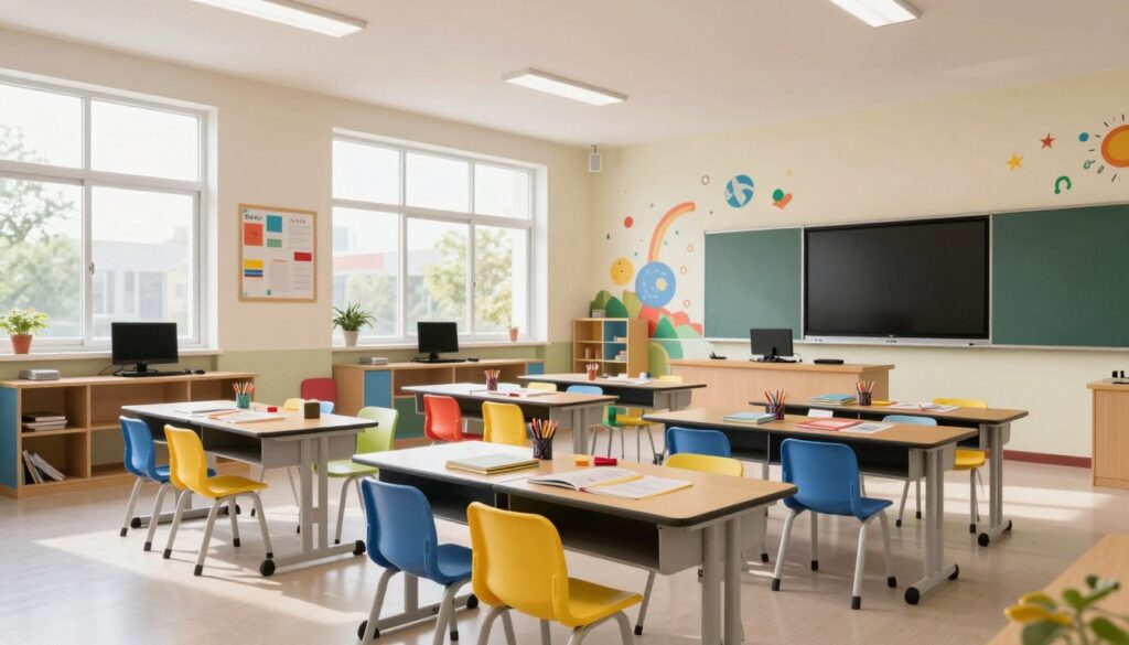A modern school classroom made from sandwich panels, showcasing a spacious and well-lit environment. In the foreground, there are bright and colorful student desks arranged neatly, with educational materials like books and stationery. The middle ground features large windows allowing natural sunlight to stream in, enhancing the vibrant atmosphere of learning. The background is filled with mural decorations that add a lively touch, depicting themes of education and creativity. The room has a clean and professional look, with the latest teaching tools and technology present, such as a smart board. Soft ambient lighting complements daylight, creating a welcoming mood. The overall scene captures the versatile and functional nature of sandwich panel classrooms in a school setting. A modern school classroom made from sandwich panels, showcasing a spacious and well-lit environment. In the foreground, there are bright and colorful student desks arranged neatly, with educational materials like books and stationery. The middle ground features large windows allowing natural sunlight to stream in, enhancing the vibrant atmosphere of learning. The background is filled with mural decorations that add a lively touch, depicting themes of education and creativity. The room has a clean and professional look, with the latest teaching tools and technology present, such as a smart board. Soft ambient lighting complements daylight, creating a welcoming mood. The overall scene captures the versatile and functional nature of sandwich panel classrooms in a school setting.