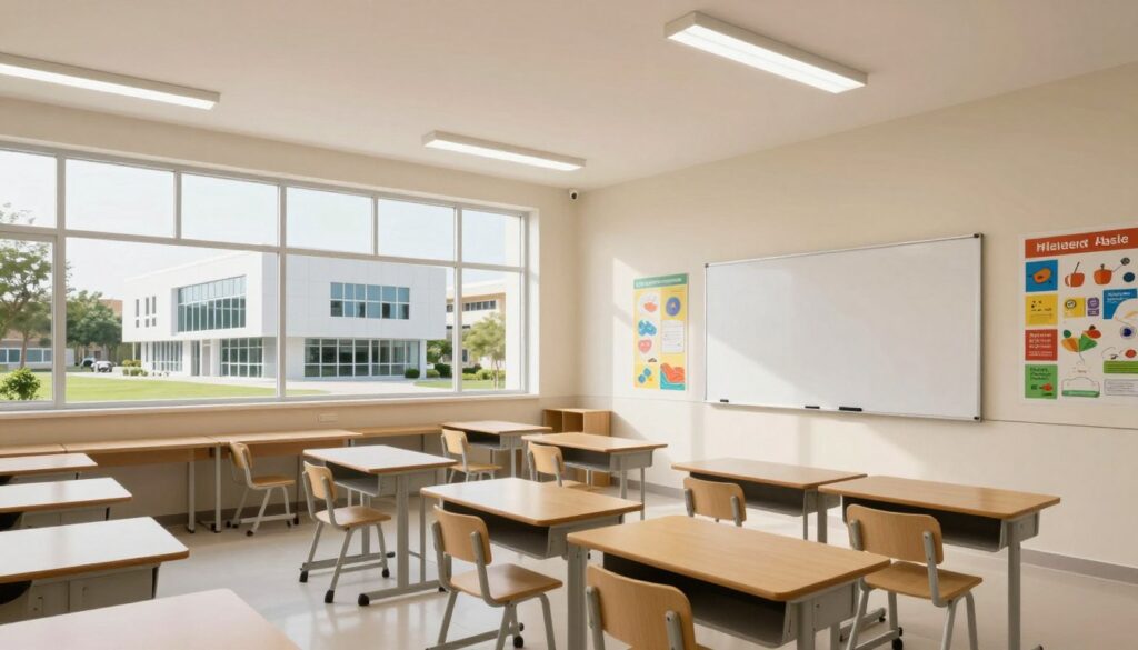 A modern school classroom made of high-quality sandwich panels, designed for educational institutions in the Eastern Province of Saudi Arabia. In the foreground, showcase a well-equipped classroom with desks and chairs arranged neatly, a whiteboard on the wall, and colorful educational posters. The middle ground features large windows allowing natural light to flood the room, creating a bright and inviting atmosphere. In the background, depict a sleek and contemporary building structure emphasizing the sandwich panel construction, surrounded by greenery. Use a wide-angle lens to capture the entirety of the space, emphasizing the clean lines and modern design, with a warm, optimistic mood suggesting innovation and efficiency in educational spaces. The lighting is bright and evenly distributed, enhancing a sense of creativity and learning. A modern school classroom made of high-quality sandwich panels, designed for educational institutions in the Eastern Province of Saudi Arabia. In the foreground, showcase a well-equipped classroom with desks and chairs arranged neatly, a whiteboard on the wall, and colorful educational posters. The middle ground features large windows allowing natural light to flood the room, creating a bright and inviting atmosphere. In the background, depict a sleek and contemporary building structure emphasizing the sandwich panel construction, surrounded by greenery. Use a wide-angle lens to capture the entirety of the space, emphasizing the clean lines and modern design, with a warm, optimistic mood suggesting innovation and efficiency in educational spaces. The lighting is bright and evenly distributed, enhancing a sense of creativity and learning.