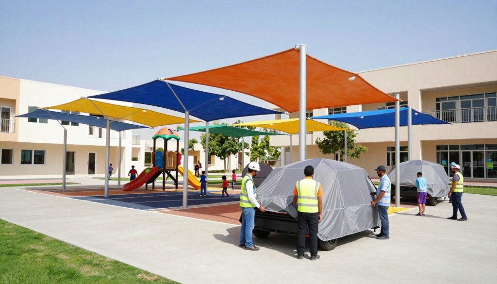 A modern schoolyard in Dhahran, Saudi Arabia, showcasing innovative umbrella technology designed for outdoor spaces. In the foreground, a professional team of contractors in smart attire is installing custom car shades and vibrant outdoor canopies that provide ample shade. The canopies are elegantly designed, with a variety of colors and patterns that complement the school’s architecture. The middle ground features a well-maintained playground with children playing safely under the canopies, while the background consists of modern school buildings and lush greenery. The lighting is bright and sunny, creating a cheerful atmosphere, captured from a slightly elevated angle to emphasize the openness of the space and the effectiveness of the shading technology.