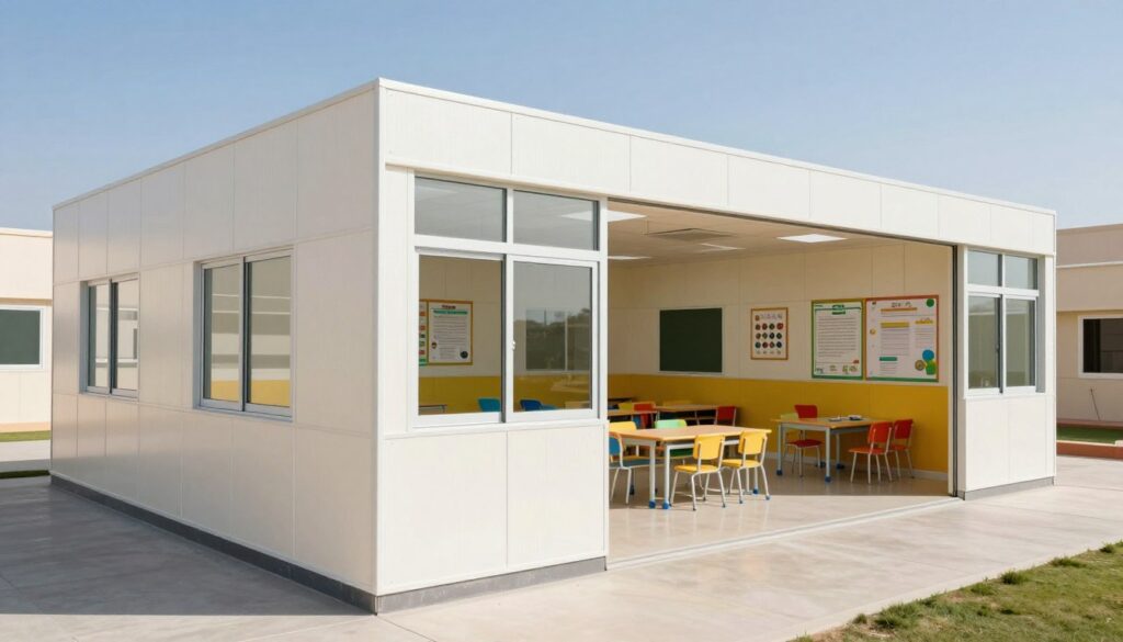 A modern, spacious sandwich panel classroom designed for schools in the Eastern region of Saudi Arabia, featuring high-quality insulation and large windows to maximize natural light. The foreground shows the sleek, insulated exterior with well-fitted panels, showcasing durability and energy efficiency. In the middle ground, neatly arranged classrooms with colorful, child-friendly furniture and educational posters decorate the walls, creating an inviting learning environment. The background displays a clear blue sky, indicating a warm, sunny climate ideal for this structure. The scene is illuminated by bright daylight, creating a vibrant and welcoming atmosphere, with a focus on comfort and effective use of space suited for the local climate. A modern, spacious sandwich panel classroom designed for schools in the Eastern region of Saudi Arabia, featuring high-quality insulation and large windows to maximize natural light. The foreground shows the sleek, insulated exterior with well-fitted panels, showcasing durability and energy efficiency. In the middle ground, neatly arranged classrooms with colorful, child-friendly furniture and educational posters decorate the walls, creating an inviting learning environment. The background displays a clear blue sky, indicating a warm, sunny climate ideal for this structure. The scene is illuminated by bright daylight, creating a vibrant and welcoming atmosphere, with a focus on comfort and effective use of space suited for the local climate.