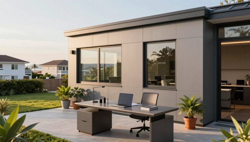 A modern, stylish home office constructed using sandwich panel extensions, showcasing sleek design and thermal insulation. In the foreground, a contemporary desk with a laptop and modern decor is neatly arranged, surrounded by potted plants for a touch of greenery. The middle ground features elegant sandwich panel walls with large windows that let in soft, diffused sunlight, creating a warm and inviting atmosphere. The background shows a tranquil residential neighborhood in the beach area, with well-kept gardens and adjacent houses. The scene is illuminated by natural daylight, captured with a wide-angle lens to emphasize the spaciousness and functionality of the home office. The overall mood is professional yet comfortable, ideal for work and productivity.