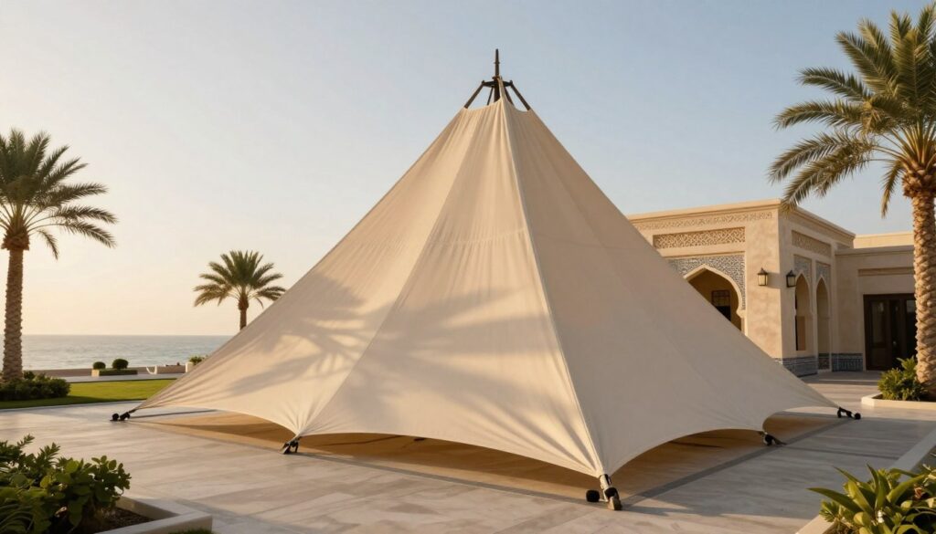 A modern, triangular pyramid shade structure installed elegantly over a luxurious villa patio, emphasizing contemporary architectural design. The foreground features the intricate details of the shade's fabric, displaying light filtering through, creating dynamic shadows on the ground. In the middle, the villa showcases traditional Saudi architecture, adorned with elegant features like arches and decorative tiles. The background highlights a serene coastal environment along the Corniche in Dammam, with palm trees swaying gently. The scene is bathed in warm, golden hour sunlight, lending a tranquil and inviting atmosphere. Capture this image from a slightly elevated angle to showcase both the pyramid structure and its harmonious integration with the villa's design, enhancing the view of the peaceful surroundings. A modern, triangular pyramid shade structure installed elegantly over a luxurious villa patio, emphasizing contemporary architectural design. The foreground features the intricate details of the shade's fabric, displaying light filtering through, creating dynamic shadows on the ground. In the middle, the villa showcases traditional Saudi architecture, adorned with elegant features like arches and decorative tiles. The background highlights a serene coastal environment along the Corniche in Dammam, with palm trees swaying gently. The scene is bathed in warm, golden hour sunlight, lending a tranquil and inviting atmosphere. Capture this image from a slightly elevated angle to showcase both the pyramid structure and its harmonious integration with the villa's design, enhancing the view of the peaceful surroundings.