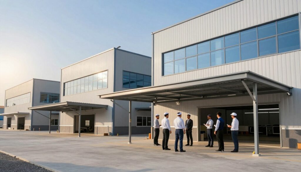 A modern warehouse design in Dammam, Saudi Arabia, showcasing sleek lines and industrial aesthetics. In the foreground, a professional team in business attire is installing custom metal canopies and car shades, emphasizing a sense of teamwork and expertise. The middle ground features several contemporary warehouses with large glass windows and open layouts, reflecting innovative architectural design. The background reveals a clear blue sky with the sun casting warm, inviting light, creating a sense of openness and productivity. Highlight the use of high-quality materials and smooth finishes, while maintaining an organized, clean construction site atmosphere. The image should evoke feelings of modernity, efficiency, and professionalism in the context of contemporary warehouse designs in a vibrant urban setting.