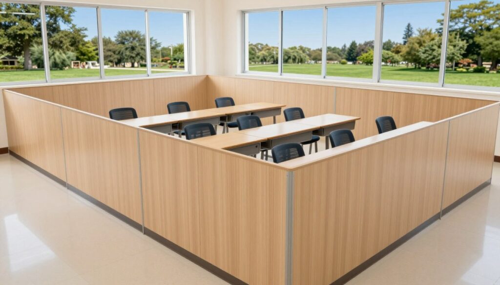 A modern, well-designed sandwich panel classroom in an eastern Saudi school, showcasing its high-quality features. In the foreground, focus on the sleek sandwich panel walls and large windows that allow natural light to flood the space. The middle ground includes neatly arranged student desks and ergonomic chairs, emphasizing a conducive learning environment. The background displays a serene outdoor setting with lush greenery and a clear blue sky. The lighting is bright yet soft, creating an inviting atmosphere for education. Angle the view slightly from above to capture the layout's efficiency. The mood should be positive and professional, reflecting the advanced structure's purpose for enhancing education in schools. No captions or text, just the illustration of the classroom’s excellence. A modern, well-designed sandwich panel classroom in an eastern Saudi school, showcasing its high-quality features. In the foreground, focus on the sleek sandwich panel walls and large windows that allow natural light to flood the space. The middle ground includes neatly arranged student desks and ergonomic chairs, emphasizing a conducive learning environment. The background displays a serene outdoor setting with lush greenery and a clear blue sky. The lighting is bright yet soft, creating an inviting atmosphere for education. Angle the view slightly from above to capture the layout's efficiency. The mood should be positive and professional, reflecting the advanced structure's purpose for enhancing education in schools. No captions or text, just the illustration of the classroom’s excellence.