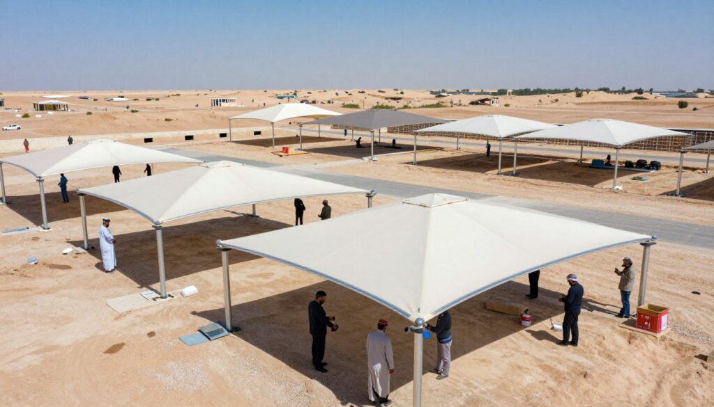 A panoramic view of a construction site in the Al-Ahsa region, focused on the installation of "هناجر القطيف," showcasing custom car shades and outdoor canopies. In the foreground, a professional team of workers dressed in modest, professional attire is carefully assembling and installing the structures under bright, natural daylight. The middle ground features the partially constructed here, with steel frames and fabric being stretched tautly, illustrating precision and quality craftsmanship. In the background, the arid Saudi landscape contrasts with the sleek, modern designs of the shades, providing a sense of professionalism and innovation. The atmosphere is one of diligence and commitment to quality, emphasizing the technical aspects of the installation process. Use a clean, wide-angle lens to capture the comprehensive scope of the project with vibrant colors and clear, sharp details.