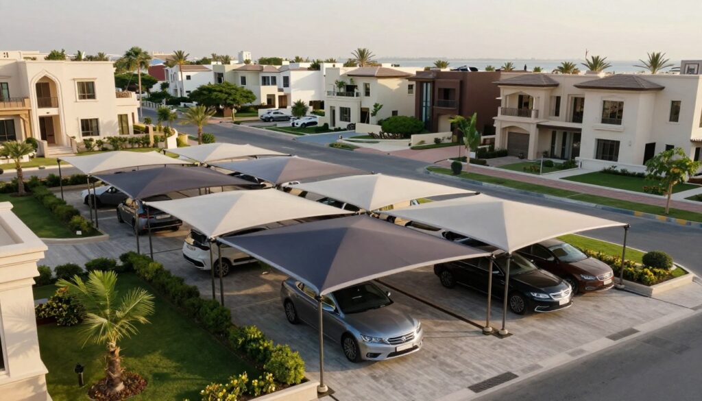 A panoramic view of a modern residential area in the eastern region of Saudi Arabia, featuring an array of elegantly designed car shade structures installed in a stylish manner. In the foreground, a sleek car is parked under a custom fabric shade, showcasing the protective qualities and aesthetic appeal of the installation. The middle ground includes several houses with beautiful architecture, surrounded by lush landscaping. The background reveals a hint of the picturesque waterfront of the corniche. Soft afternoon sunlight bathes the scene, casting gentle shadows that enhance the serene atmosphere. This image captures the luxurious protection these shade structures offer to vehicles, blending seamlessly with their surroundings.