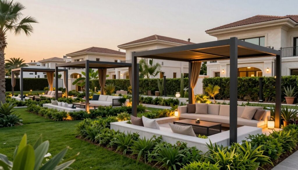 A picturesque garden scene in the upscale neighborhood of Al Rayyan and Al Nakheel, focusing on expertly installed, custom shade structures over elegant outdoor seating areas. In the foreground, showcase vibrant, lush greenery and meticulously arranged seating: plush cushions in neutral tones, surrounded by decorative plants and ambient lighting. The middle ground features multiple high-quality shade structures in various modern designs, emphasizing their durability and aesthetic appeal. In the background, depict luxurious villas with elegant architecture, reflecting a serene sunset glow. Use soft, warm lighting to create a tranquil atmosphere, capturing the essence of luxury and comfort in outdoor living spaces. Ensure the image conveys professionalism and high standards in outdoor design.