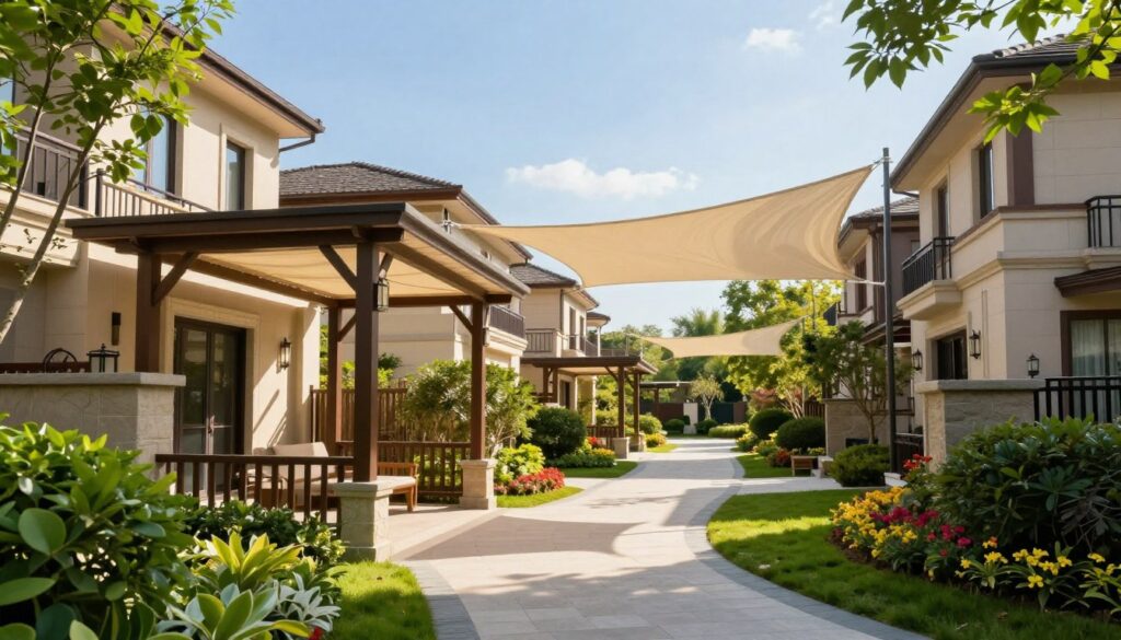 A picturesque residential community pathway featuring elegant, custom shade structures. In the foreground, vivid green foliage frames the path, creating a serene atmosphere. The middle ground showcases neatly arranged, modern villas with soft beige and light brown hues, complemented by colorful flower beds. Delicate, large canopies extend above the walkways, offering shelter from the sun, crafted in a refined architectural style. The sunlight gently filters through the fabric, creating a warm and inviting glow. In the background, a clear blue sky enhances the tranquil ambiance. A welcoming mood permeates the scene, inviting residents to enjoy a safe, shaded walk among their homes. The image should emphasize light, spaciousness, and the beauty of well-integrated shade structures within a community setting.