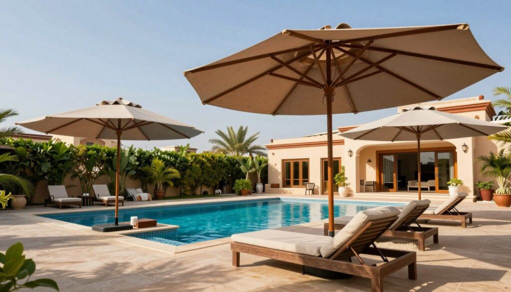 A picturesque scene showcasing custom shade structures installed over luxurious swimming pools in a villa setting, emphasizing their resistance to extreme heat and storms. In the foreground, robust, elegant umbrellas offer ample shade, designed with high-quality materials that shimmer in the bright Saudi sun. The middle ground features a tranquil swimming pool, surrounded by lush greenery and tasteful outdoor furniture, embodying comfort and relaxation. In the background, a clear blue sky contrasts with the vibrant colors of the villa, enhancing the serene atmosphere. The lighting is bright and warm, casting soft shadows that create a welcoming ambiance. A wide-angle view captures the grandeur of the installation, subtly conveying safety and elegance suitable for family enjoyment.