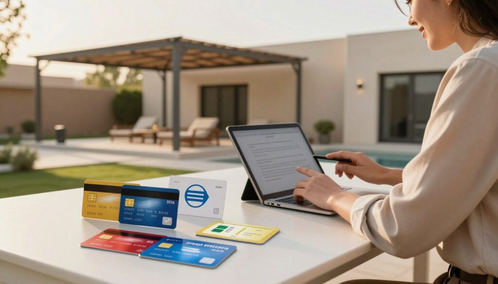 A professional and informative depiction showcasing various payment options available for shade structure installations. In the foreground, an elegant table displays diverse payment methods such as credit cards, bank transfer icons, and mobile payment options, all artfully arranged. In the middle ground, a person dressed in smart casual clothing reviews a tablet while discussing with a client, symbolizing a professional consultation. The background reveals beautifully installed custom shade structures in a Saudi villa garden, under warm, inviting sunlight. The atmosphere is friendly and professional, conveying trust and reliability. The image has a soft, natural light to create a welcoming ambiance, captured from a slightly elevated angle to give depth and clarity to the scene.