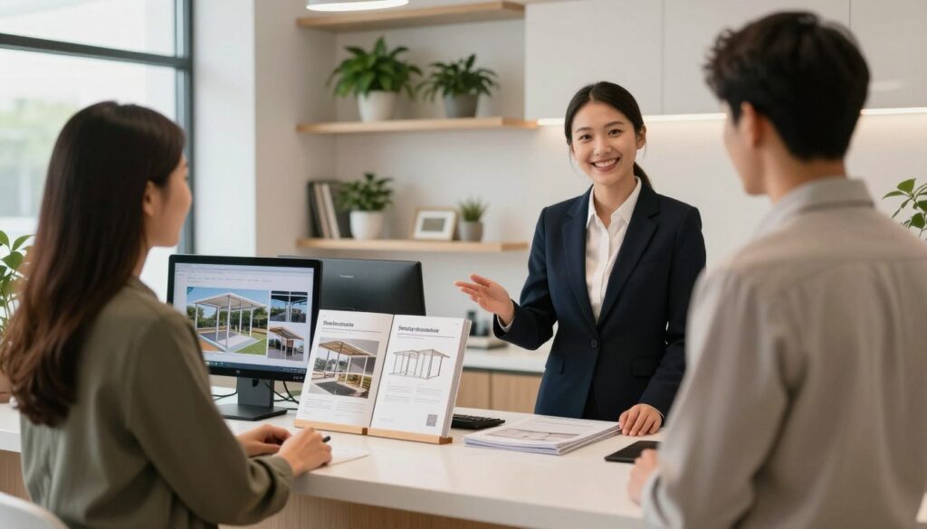 A professional and inviting image showcasing a modern office space dedicated to customer interaction, featuring a well-organized reception area. In the foreground, a friendly, professionally dressed person stands behind a sleek reception desk, engaging with a visitor who is inquiring about shade structure installations. The middle layer includes various brochures about custom shade structures displayed prominently on the desk, while a computer screen shows images of completed projects. The background features stylish interior decor with potted plants and large windows allowing natural light to flood the room, creating a warm and welcoming atmosphere. The lighting is bright yet soft, emphasizing a sense of professionalism and approachability. The overall mood is inviting and informative, conveying a strong focus on customer service related to shade installation services.