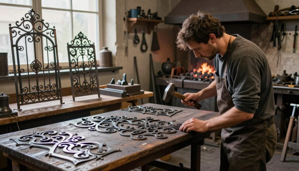 A professional blacksmith workshop scene showcasing intricate artistic metalworking. In the foreground, a skilled craftsman in modest casual clothing is shaping a decorative metal scroll with a hammer, focused on the details of his craft. The middle ground features a variety of completed artistic metal pieces, like ornate gates and decorative panels, beautifully displayed on wooden work tables, reflecting artistry and craftsmanship. In the background, the workshop is filled with tools, an anvil, and glowing coals from a forge, creating a warm, inviting atmosphere. Soft, natural lighting filters through a window, illuminating dust particles in the air, evoking a sense of dedication and artistry. The overall mood is one of creativity and skill, emphasizing the beauty of artisanal metalwork.